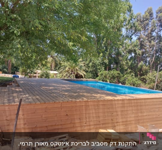 בריכת עץ עם דק עץ וסביבה עצים ירוקים